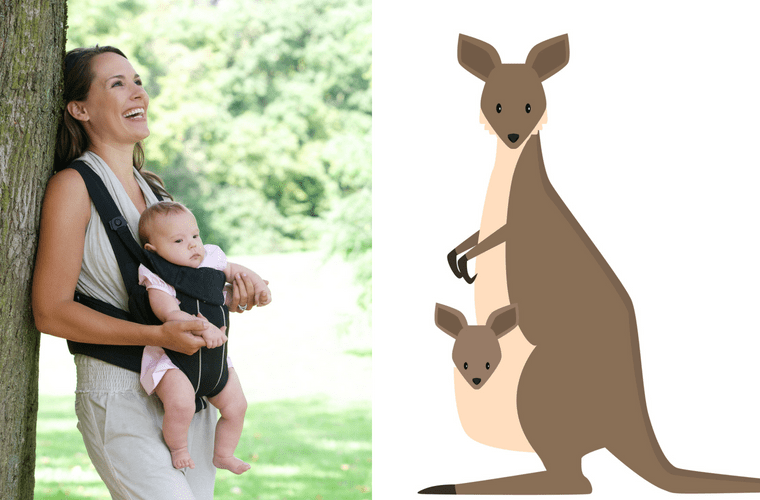 Bebek kangurusuyla bebeğini taşıyan bir anne ve yavrusunu taşıyan kanguruyu yan yana sunan görsel